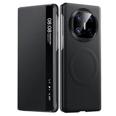 Imagem de FWYANZH Capa de couro para Huawei Mate X7, função de visualização de janela, capa magnética, textura de fibra de carbono, flip fólio, proteção total, estilo de negócios, preto, Mate X7
