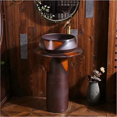 Imagem de Pia de lavatório de banheiro artística com pedestal completo Pia de lavatório de banheiro tradicional de cerâmica com pedestal completo e um orifício de torneira Bacia luxuosa Unidade de lavatório de