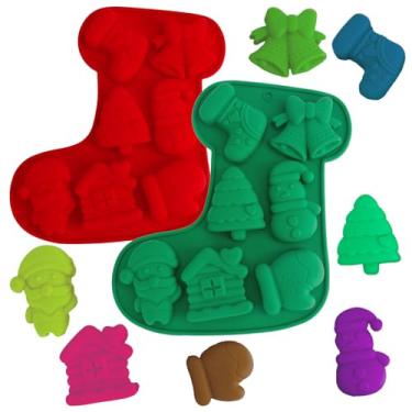 Imagem de Moldes de chocolate de Natal, 2 peças de moldes de doces de silicone para assar, papai noel, homem de gengibre, floco de neve, boneco de neve, árvore de Natal, formas de cozimento em forma de meia
