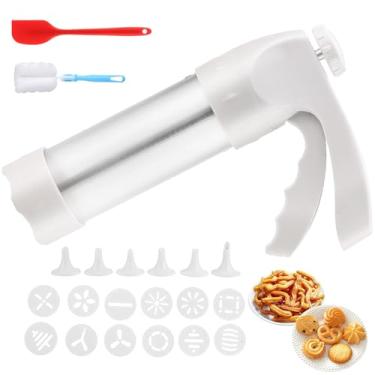 Imagem de Kit de pistola de prensa de biscoito Spritz – Máquina profissional de biscoitos com 12 discos de decoração e 6 pontas de gelo, espátula de silicone e escova de limpeza para churros, pretzels