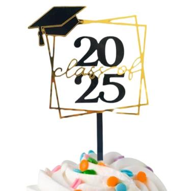 Imagem de Topos de cupcake de graduação, topos de cupcake com tema de formatura preto e dourado, adereços decorativos de acrílico para cabine de fotos, centros de mesa para crianças, sala de aula, casa, jardim