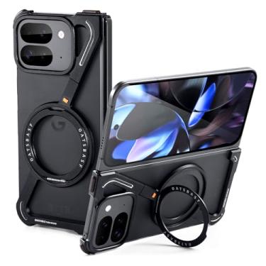 Imagem de OATSBASF Capa de telefone minimalista para Google Pixel 9 Pro Fold, suporte de rotação de 360°, alumínio sem moldura, design bumper Z, capa protetora de grau de choque, preta