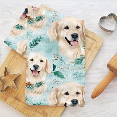 Imagem de Toalhas de cozinha de retrato de cachorro com ramo de aquarela 61 x 35 cm, toalha de prato de microfibra absorvente, toalhas de mão de waffle para cozinha, casa, banheiro, presentes para amantes de