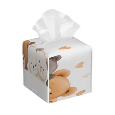 Imagem de Capa quadrada de couro para caixa de lenços à prova d'água animal urso coração bonito organizador de papel facial com cinto inferior cubo estojo de lenços para mesa banheiro escritório mesa carro