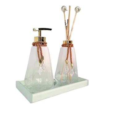 Imagem de Kit Lavabo Preto Branco Ambar Vidro 300ml Completo Com Bandeja Presente Chique Casa Nova Oferta(Sem Bandeja,Branco Degrade C/Dourado)