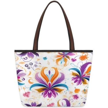 Imagem de Sacola grande feminina floral colorida Paisley para trabalho com zíper, reutilizável, bolsa de mão de mercearia, casual, para viagem, trabalho, férias, praia, compras, academia, presentes