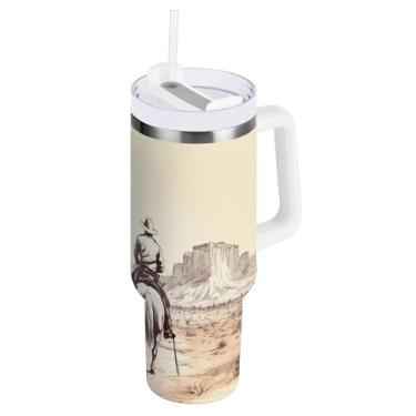 Imagem de xigua Copo vintage Western Cowboy de 1,134 g com tampa e canudo, aço inoxidável de vácuo duplo isolado garrafa de água esportiva suporte para copo de café de viagem à prova de vazamento para bebida