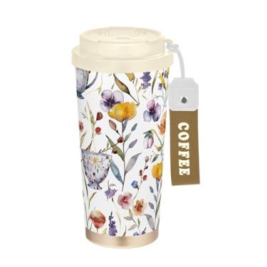 Imagem de SEHANY Caneca de viagem com estampa de café fofa de 482 g Copos de café reutilizáveis revestidos de cerâmica com tampa à prova de vazamento, parede dupla, isolamento a vácuo, copo de café de aço