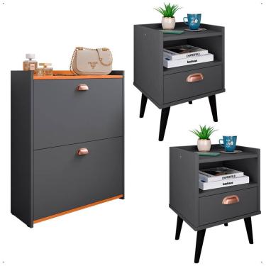 Imagem de Kit Quarto 2 Mesas Cabeceira Estilo Pés Palito Retrô Sapateira Closet Puxador Concha Gavetas Basculante 12 Pares Calçados Cinza/Cinamomo - Lojas RPM