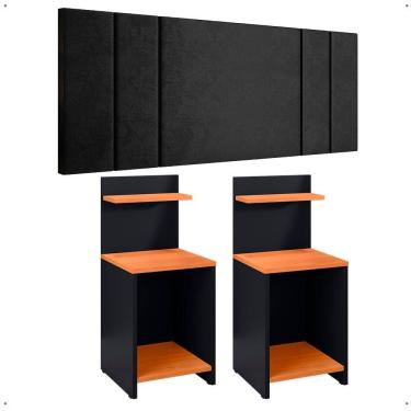 Imagem de Kit Quarto 2 Mesinhas Lateral Fantasy Preto/Cinamomo Prateleira Nicho Cabeceira Luana Suspensa Cama Box Casal 1,40 Suede - Lojas RPM