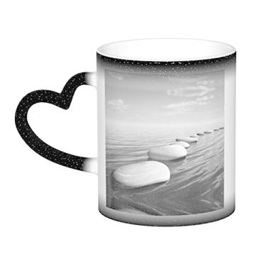 Imagem de Copo de café divertido com imagem de pedras Zen cinzas, copo de cerâmica com mudança de cor sensível ao calor 12 Oz, para café/chá/leite/cacau, para adolescente/aniversário/festival/presentes