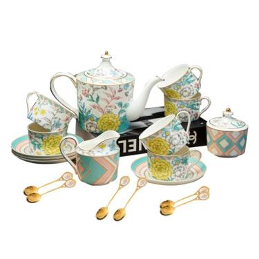 Imagem de PANAOAHU Conjunto de chá floral Bone China, conjunto de 21 peças de luxo para 6 com acabamento dourado, conjunto de xícara de chá vintage com bule de chá, açucareiro e creme, perfeito para chá da