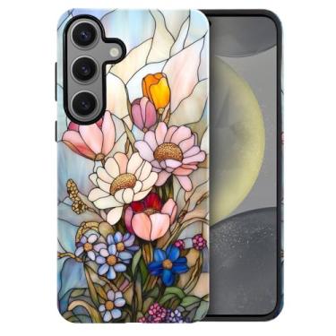Imagem de heindiy Compatível com Samsung Galaxy S24, capa brilhante proteção completa à prova de choque anti-arranhões TPU capa, capas para homem mulher - vintage margaridas selvagens tulipas e violetas
