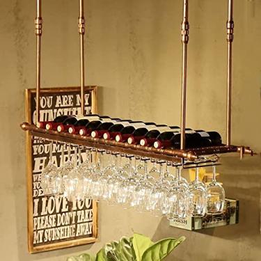 Imagem de Suporte rústico para garrafas de vinho, com suporte de copos para pendurar - Prateleira flutuante de metal montada na parede - Prateleiras de vinho de teto vintage - altura ajustável