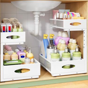 Imagem de Organizador embaixo da pia, pacote com 1 organizador de armário com 2 camadas, prateleira deslizante de metal, altura ajustável em forma de L, gaveta deslizante de malha para cozinha, banheiro