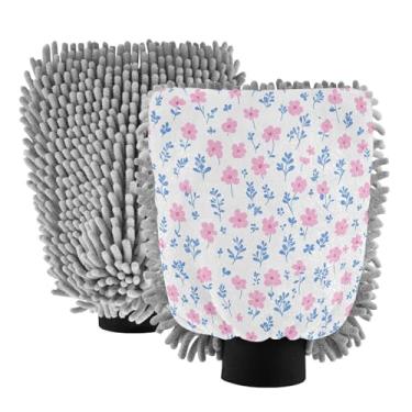 Imagem de STAYTOP Lindas luvas de lavagem de carro com pétalas de flores pequenas, 2 peças, luvas de microfibra de chenille, sem arranhões, panos de esponja de lavagem ultra absorventes para carros, limpeza