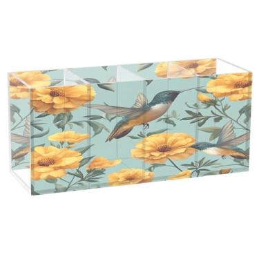 Imagem de Burbuja Porta-canetas de acrílico para beija-flores amarelos com 4 compartimentos, suporte de lápis transparente para pincel de maquiagem estacionário, acessórios de mesa de escritório em casa