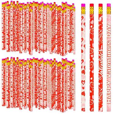 Imagem de 100 lápis de coração vermelho para dia dos namorados, lápis de coração a granel com borrachas para dia dos namorados, professores, crianças, salas de aula, bolsa de festa, suprimentos para lembrancinhas (100)