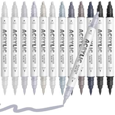 Imagem de Diyeever Canetas de tinta acrílica cinza branca, à base de água, 12 cores, marcadores de tinta acrílica de ponta dupla para pintura de rocha, madeira, vidro, cerâmica, tela, tecido, pedra, artesanato