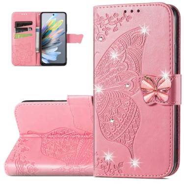 Imagem de Monwutong Capa carteira para Motorola G55, estampa de borboleta 3D, à prova de choque, capa flip de couro PU, fecho magnético e compartimentos para cartões de dinheiro para Moto G55, HZD rosa
