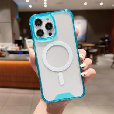 Imagem de Carregamento sem fio para capa magnética de telefone para iPhone 16 15 14 11 12 13 ProMax Bumper à prova de choque capa transparente, azul, para iPhone 14 Pro