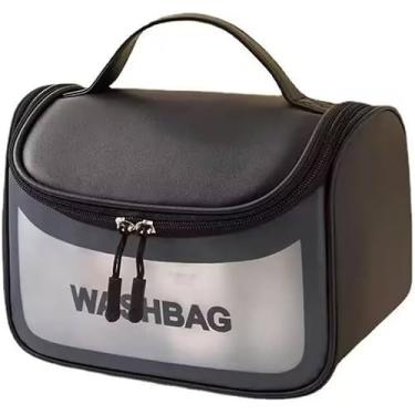 Imagem de Nécessaire Grande Transparente para Maquiagem e Viagem — Bolsa Organizadora em PU + PVC, Impermeável, com Alça (23×14×15 cm) (Preto)