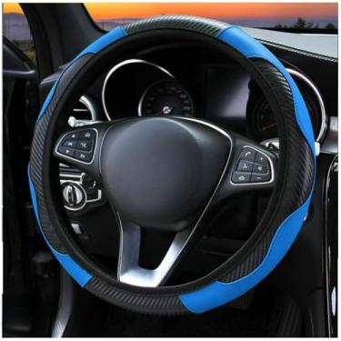 Imagem de Knonip Capa de volante de couro de fibra de carbono, estilo esportivo, confortável, resistente ao desgaste, ajuste universal para roda de 35 a 38 cm, acessórios interiores de carro para todas as