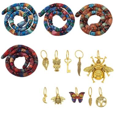 Imagem de AHANDMAKER 4 peças de laço de cabelo espiral com 10 peças de pingentes de tranças douradas, laços de cabelo longos coloridos fio de ferro embutidos suportes de rabo de cavalo dobráveis para mulheres e