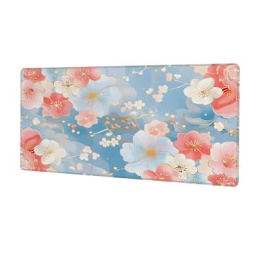 Imagem de Tapete de mouse grande rosa azul flor de cerejeira à prova d'água tapete protetor de mesa estendido para computador base de borracha antiderrapante para escritório, computador, teclado, laptop e mesa