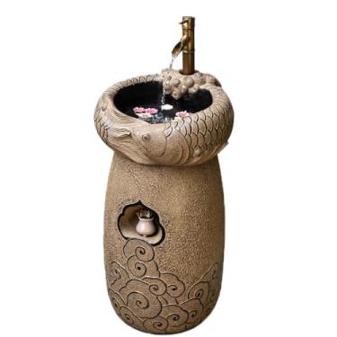 Imagem de Pia externa auspiciosa dourada com arte de dragão e nuvem - Grande bacia composta de pedra de resina para jardim, varanda, pátio - Estação decorativa independente de lavagem das mãos com símbolos da