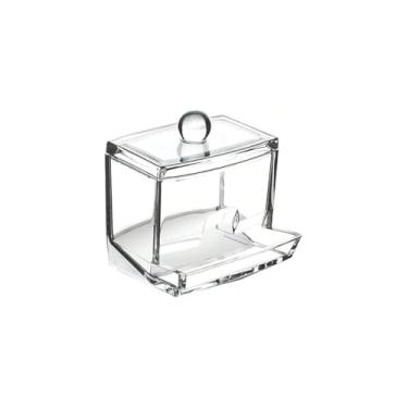 Imagem de Porta Cotonete em Acrílico Transparente com Tampa, 7x7x9cm, Organizador para Hastes de Algodão, Dispenser Compacto
