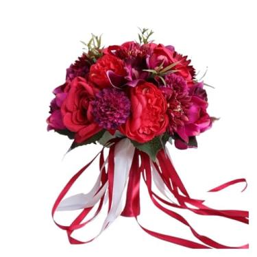 Imagem de Buquê de flores de seda artificial para casamentos – Arranjo floral de orquídea de dália, rosa e peônia nupcial (vermelho)