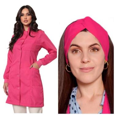 Imagem de Jaleco Feminino Oxford Gola Padre Botão Pink+ Turbante Capri - Gardeni