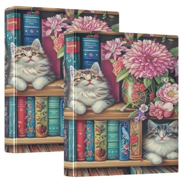 Imagem de Gatos na estante, pacote com 2, fichário de 3 furos com pastas escolares para prancheta, fichário com armazenamento