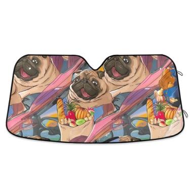 Imagem de Toldo de sol fofo de cachorro Pug para para-brisa de carro bonito personalizado retrátil sombra de carro para para-brisa dianteiro impressão animal P, 134,6 cm x 59,7 cm