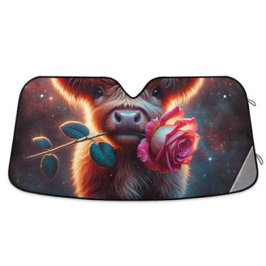 Imagem de Toldo de sol floral de vaca Highland bonito para para-brisas de carro impressão retrátil personalizada capa de para-brisa automotiva protetor solar L, 144,8 cm x 80 cm