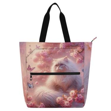 Imagem de GAIGEO Bolsa de trabalho feminina com estampa de flor de cerejeira rosa Ragdoll com zíper para professores e amantes de livros