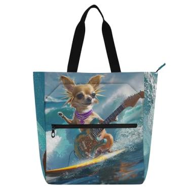 Imagem de GAIGEO Cute Dog Chihuahua Guitarrista Bolsas de Trabalho para Mulheres Sacolas de Pano de Lona Bolsas de Professores Escolares Faculdade com Compartimentos