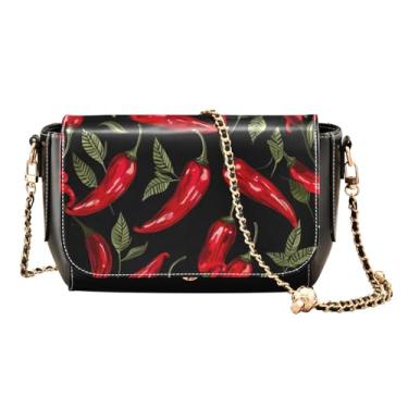 Imagem de Bolsa transversal feminina floral de rosas e folhas verdes, bolsa de ombro de couro médio, bolsa tiracolo feminina de couro, Pimentas vermelhas em preto-6, One Size