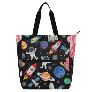 Imagem de GAIGEO Sacola fofa de astronautas de planetas espaciais para mulheres, crianças, escola, trabalho, livros, bolsa de ombro com zíper