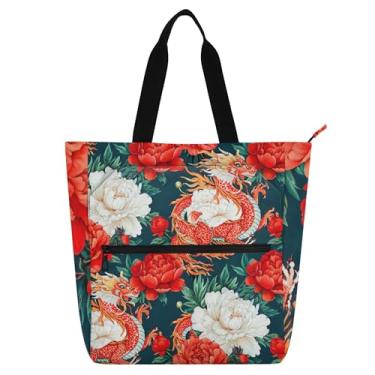 Imagem de GAIGEO Bolsa feminina de lona com dragão chinês vermelho peônias brancas para professores universitários com compartimentos