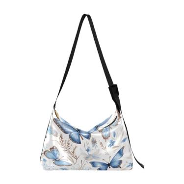 Imagem de GAIGEO Bolsa tiracolo de couro rosa vermelha preta com bolsa de ombro feminina, bolsa de ombro transversal, Borboletas azuis em tons azuis-1, One Size