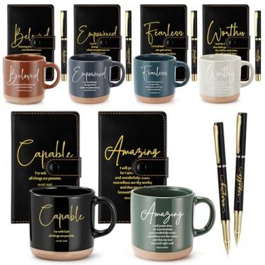 Imagem de Potchen Conjunto de 18 peças de presente cristão de Natal para mulheres e homens, canecas de café de cerâmica com versículo bíblico de 368 g com caneta de diário de couro, presentes religiosos
