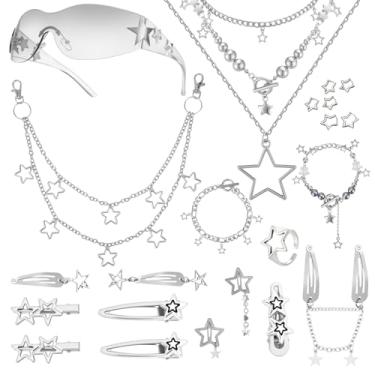 Imagem de JATEBI Conjunto de acessórios Y2K incluído Star Y2k colar de prata grunge colar em camadas óculos de sol estrela grampo de cabelo prata grampos de cabelo pulseira estrela anel estrela conjunto de