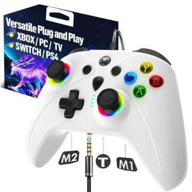 Imagem de Controle Xbox com fio para X Box Series X S One PC PS4 Switch, controles de controle de jogos com taxa de polling de 1000Hz sem drift Stick, paddle personalizado Turbo Remote, RGB Light White Gamepad