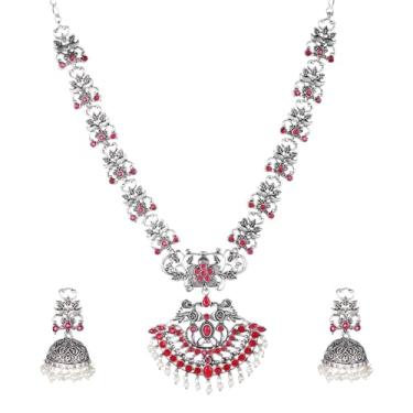 Imagem de Efulgenz Conjunto de joias indianas indianas oxidadas, colar antigo, boêmio, cristal, falso, pérola, floral, pingente Jhumki, brincos com pingente boêmio, conjunto de joias para mulheres, Cobre, Sem