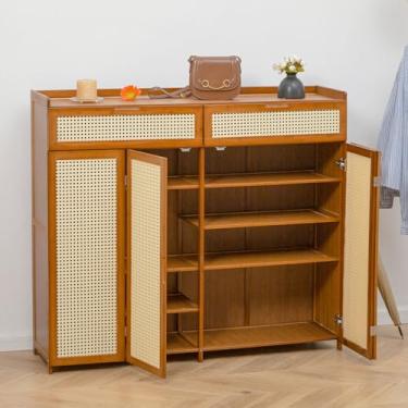 Imagem de LOERSS Organizador organizador de 2 portas, suporte para sapateira, armário de armazenamento de sapatos de 6 andares, armário de sapatos de bambu com portas, para entrada, corredor, armário, sala de