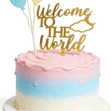 Imagem de Gold Welcome To The World Cake Topper, Mirror Acrylic Party Cake Decoration for Boy or Girl,Pregnancy Announcements,New Baby,Baby Shower,Gender Reveal,Welcome Party, Kid's Birthday Party Supplies