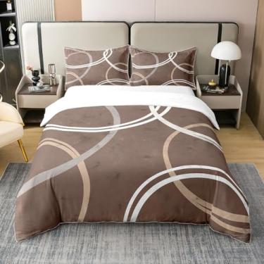 Imagem de jejeloiu Capa de edredom com círculos ondulados cáqui, 100% algodão, tamanho king, abstrato, geométrico, para meninos, meninas, adolescentes, conjunto de cama respirável, macio, leve, geométrico
