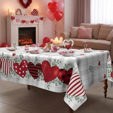 Imagem de Dolficy Toalha de mesa de dia dos namorados 152 x 264 cm, decoração xadrez buffalo, para mesa de casa, retângulo, toalha de mesa de poliéster para decoração de coração vermelho para piquenique, festa